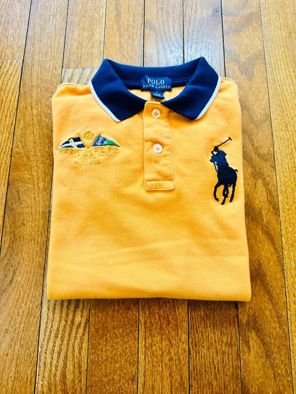 Polo Ralph Lauren Boys Polo Shirt – Orange & Navy Size 7 - Picture 3 of 3